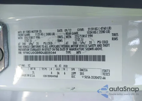 2013 Ford Escape Se from USA, damaged, VIN 1FMCU0G95DUB09344